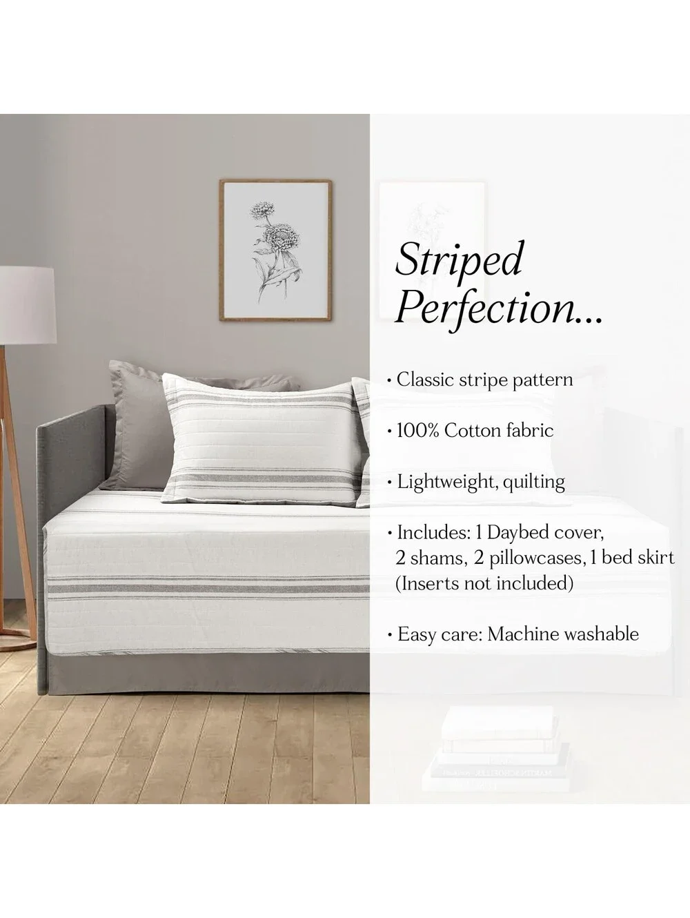 Lush Decor Farmhouse Stripe Gray Cotton Daybed Cover Set 6 Pc Twin Open Box New